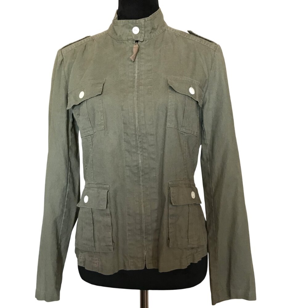 Daisy Fuentes Linen Blend Full-Zip Jacket, Button Tab Pockets Olive Green Sz 10